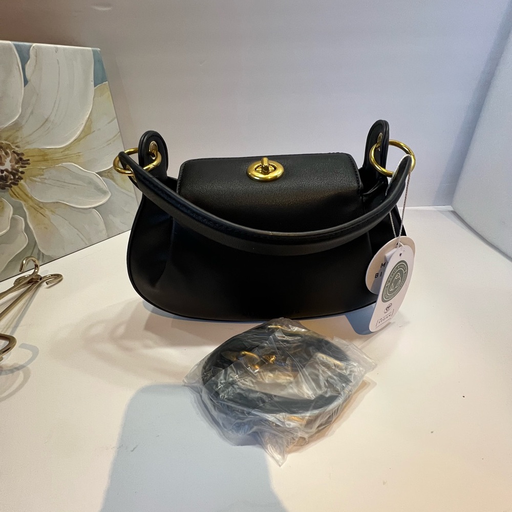 Melie Bianco Black Vegan Shoulder Bag and crossbody with Gold Accents - Picture 7 of 14